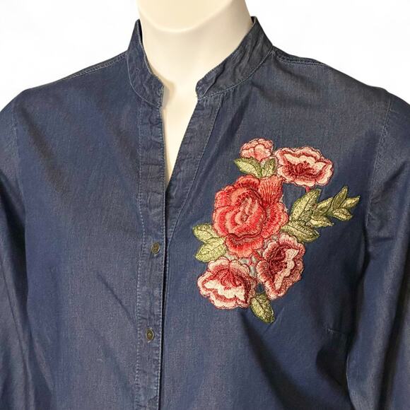 MPH Collection Plus Size Denim Tunic Shirt 2X Floral Applique 3/4 Sleeve Cottage - Picture 4 of 10